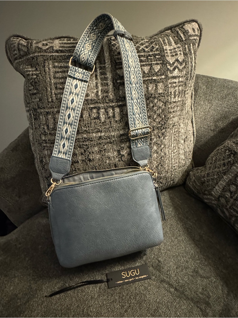 Blue Leatherette Crossbody with Patterned Adjustable Strap
